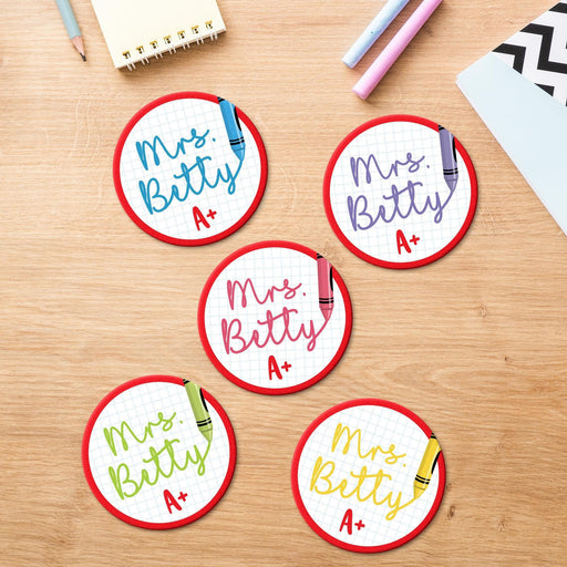 Personalized teacher coasters featuring A+ grade design with custom teacher name in multiple color options. Ideal for classroom gifts.