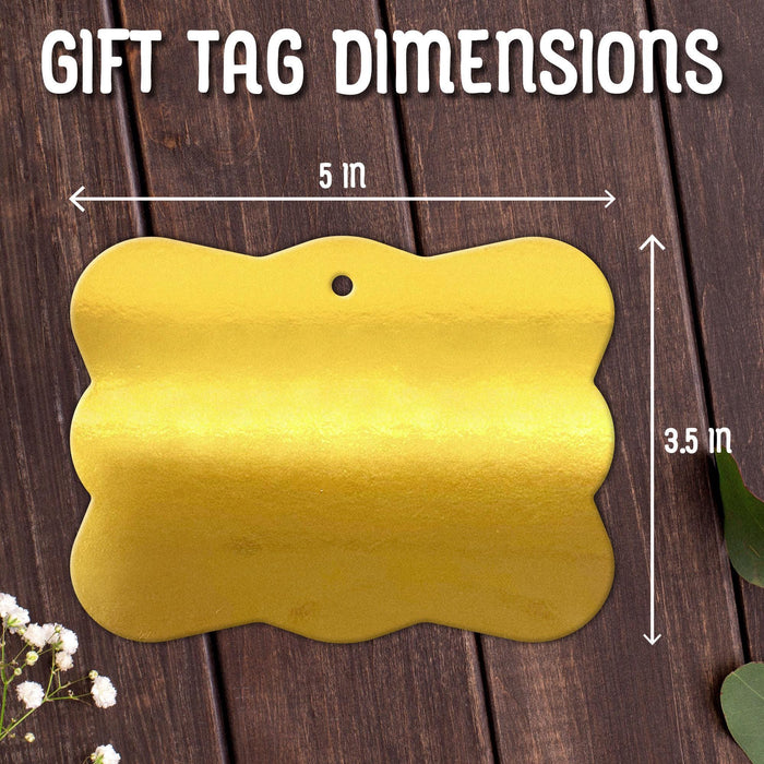 Back side of the personalized wedding gift tag showing the blank gold cardstock finish with optional hanging hole placement. The image also displays the tag dimensions of 5 inches by 3.5 inches.