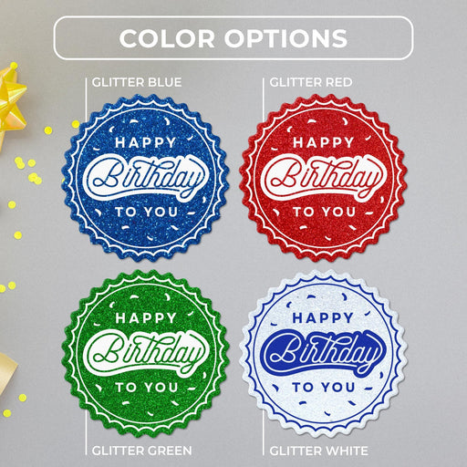 Confetti birthday tag color options in glitter blue, glitter red, glitter green, and glitter white.