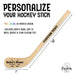 Product overview showing a personalized hockey stick with custom text placement, including dimensions and layout of name and message on the stick.