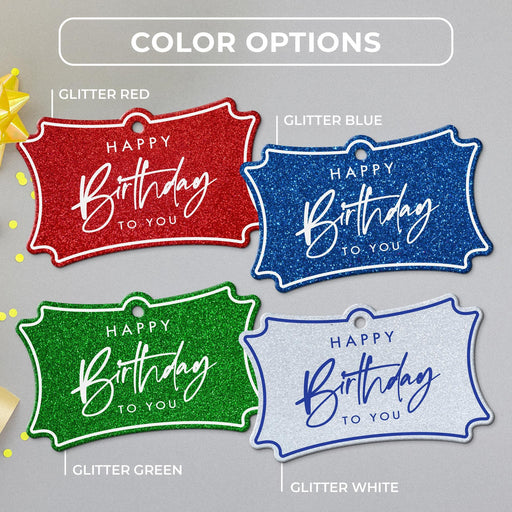 Elegant script tag color options in glitter red, glitter blue, glitter green, and glitter white shown together.