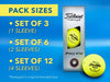 Pack sizes include: • Set of 3 (1 Sleeve) • Set of 6 (2 Sleeves) • Set of 12 (4 Sleeves) *Packaged in original branded box The background image shows a sleeve of yellow Titleist ProV1x golf balls on a blue surface.