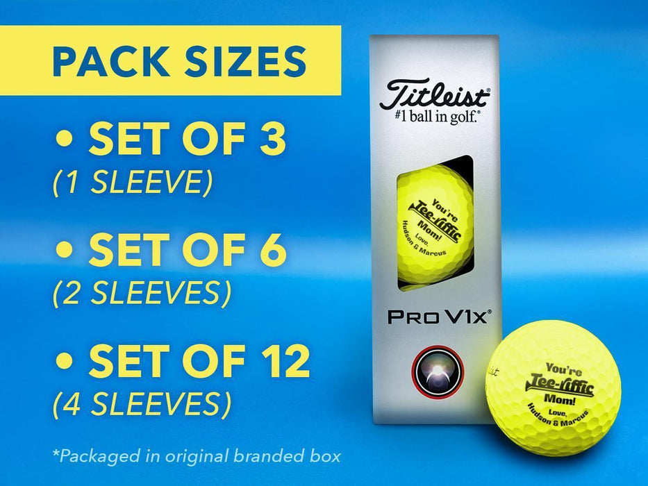 Pack sizes include: • Set of 3 (1 Sleeve) • Set of 6 (2 Sleeves) • Set of 12 (4 Sleeves) *Packaged in original branded box The background image shows a sleeve of yellow Titleist ProV1x golf balls on a blue surface.