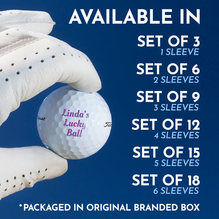 Image: Hand holding a golf ball with the text "Linda's Lucky Ball". Text: Available in Set of 3 (1 Sleeve), Set of 6 (2 Sleeves), Set of 9 (3 Sleeves), Set of 12 (4 Sleeves), Set of 15 (5 Sleeves), Set of 18 (6 Sleeves). *Packaged in original branded box