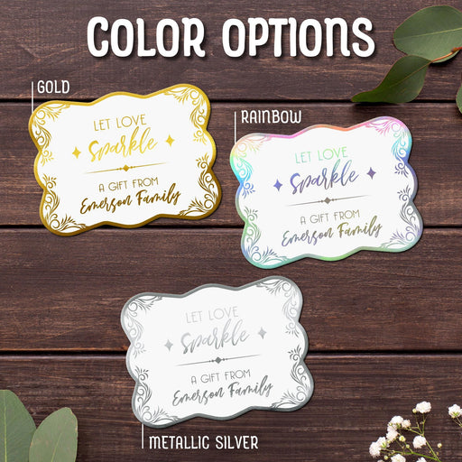 Close-up of the “Let Love Sparkle” wedding gift tag design available in Gold, Rainbow, and Metallic Silver foil finishes. Personalized cardstock tags feature decorative flourishes and custom sender names.