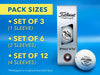 Pack sizes include: • Set of 3 (1 Sleeve) • Set of 6 (2 Sleeves) • Set of 12 (4 Sleeves) *Packaged in original branded box The background image shows a sleeve of custom Titleist Pro V1x golf balls on a blue surface.