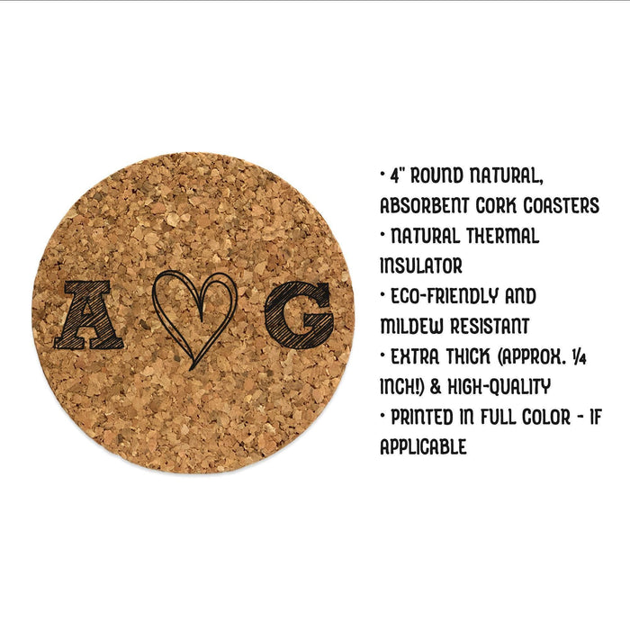 Natural cork coaster with hand-drawn heart initial design shown beside product details.