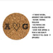 Natural cork coaster with hand-drawn heart initial design shown beside product details.