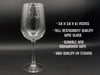 One wine glass sits on black background. The glass has Last Name and Established Date design engraved on it. Text reads: 3.6 x 3.6 x 9.1 inches. Tall restaurant quality wine glass. Durable and dishwasher safe. High quality UV etching.