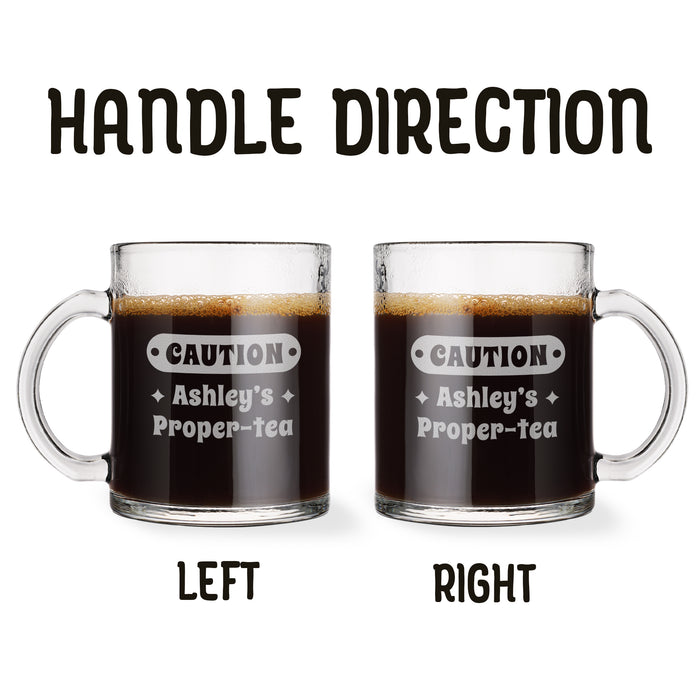 Two identical glass mugs with the text engraved on them. Each showcasing handle direction, LEFT or RIGHT.