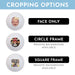 Cropping Options for photo golf balls are shown. These include Face Only, Circle Frame (remove background available), Square Frame (remove background available).