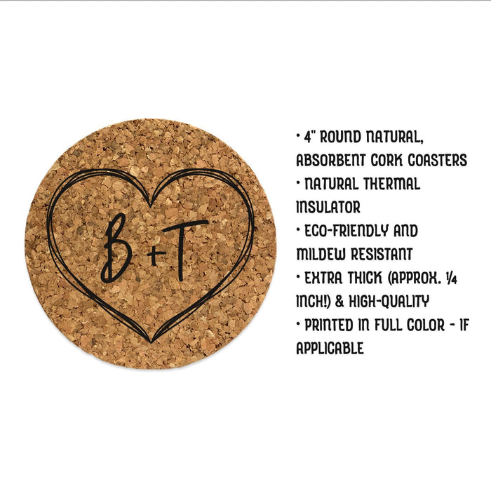Natural cork coaster with a hand-drawn heart monogram and personalized initials shown beside product details.