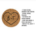Natural cork coaster with a hand-drawn heart monogram and personalized initials shown beside product details.
