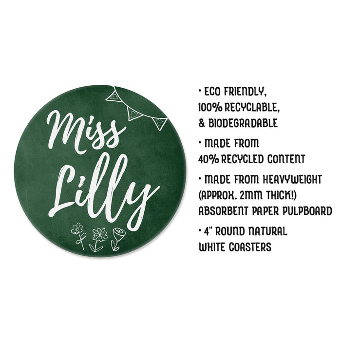 Close-up of a personalized teacher coaster featuring a custom name printed on a chalkboard design. The image highlights the round 4-inch size, paper material, and clean print quality, giving a clear view of how the finished coaster will look for classroom or everyday use.