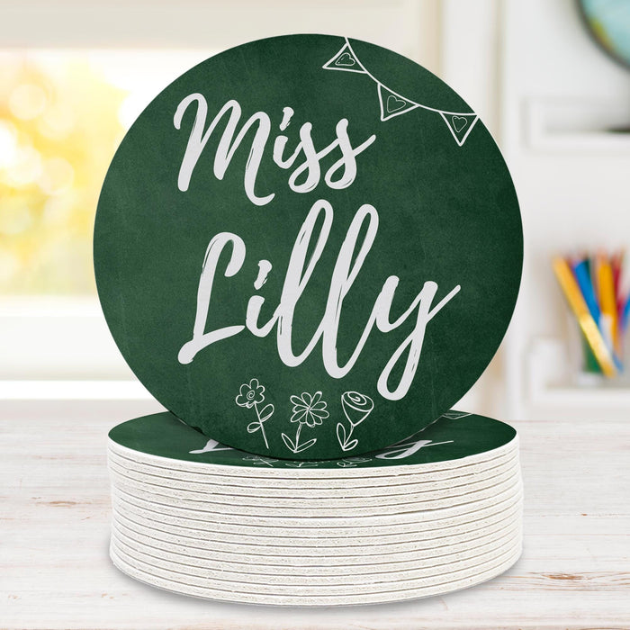 Personalized teacher coaster featuring chalkboard design with custom teacher name displayed on a stack. Ideal for classroom gift use.