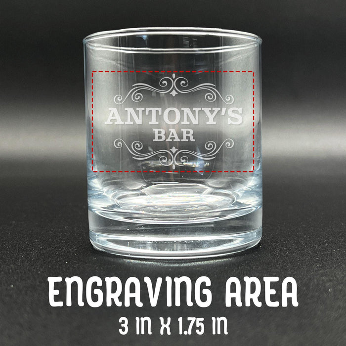 Close-up image showing the engraving area dimensions of the whiskey glass, measuring 3 inches by 1.75 inches. The red outline helps customers visualize the placement and size of the personalized design on the glass.