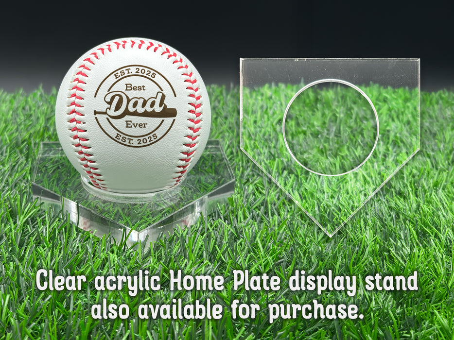 A personalized baseball with red stitching is placed on a clear acrylic stand, accompanied by a text overlay that reads Clear acrylic Home Plate display stand also available for purchase.