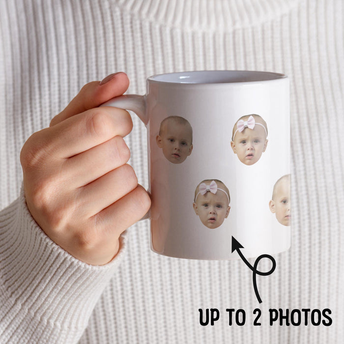 Personalized grandkids face mug held in hand with an option for up to two photos.
