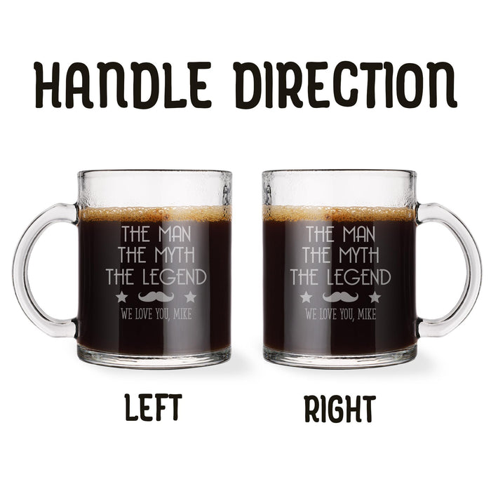 Two identical glass mugs with the text engraved on them. Each showcasing handle direction, LEFT or RIGHT.