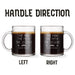 Two identical glass mugs with the text engraved on them. Each showcasing handle direction, LEFT or RIGHT.