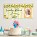 Freshly Retired banner displayed above a party table with cake and decorations. Personalized photo banner designed for retirement parties and celebrations.