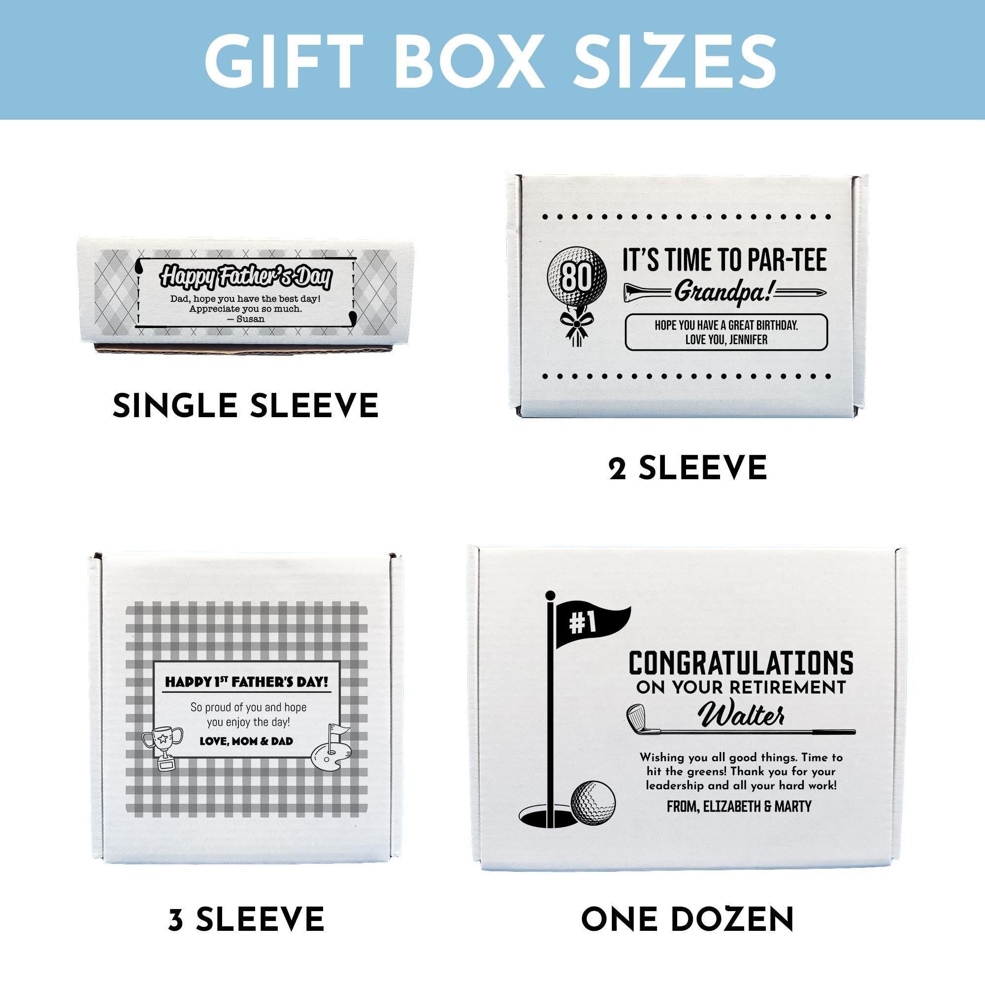White custom cardboard gift boxes for golf balls with various designs and messages, including a "Happy Father's Day" box. The boxes are shown on a blue background.