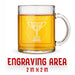 A glass mug with an engraved design on it. The mug is filled with tea, and there is text under the mug that reads "Engraving Area is 2 in x 2 in”