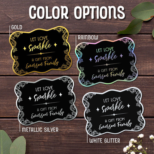 The “Let Love Sparkle” personalized wedding gift tag design shown in Gold, Rainbow, Metallic Silver, and White Glitter foil finishes. Custom foil cardstock tags are personalized for weddings, bridal showers, and engagement gifts.