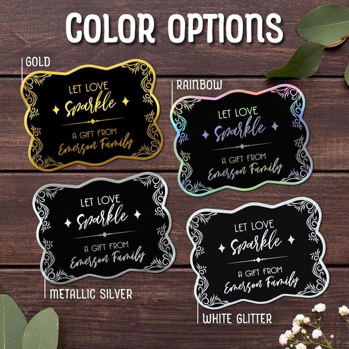 The “Let Love Sparkle” personalized wedding gift tag design shown in Gold, Rainbow, Metallic Silver, and White Glitter foil finishes. Custom foil cardstock tags are personalized for weddings, bridal showers, and engagement gifts.