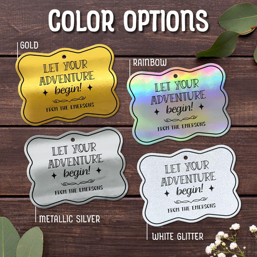 The “Let Your Adventure Begin” wedding gift tag design shown in Gold, Rainbow, Metallic Silver, and White Glitter foil finishes. Personalized foil cardstock tags feature decorative typography and custom names.