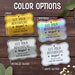 The “Let Your Adventure Begin” wedding gift tag design shown in Gold, Rainbow, Metallic Silver, and White Glitter foil finishes. Personalized foil cardstock tags feature decorative typography and custom names.