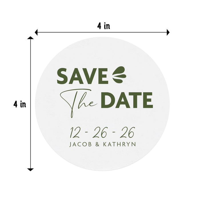 4-inch round Save the Date coaster with custom names and wedding date shown with dimensions.