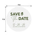 4-inch round Save the Date coaster with custom names and wedding date shown with dimensions.