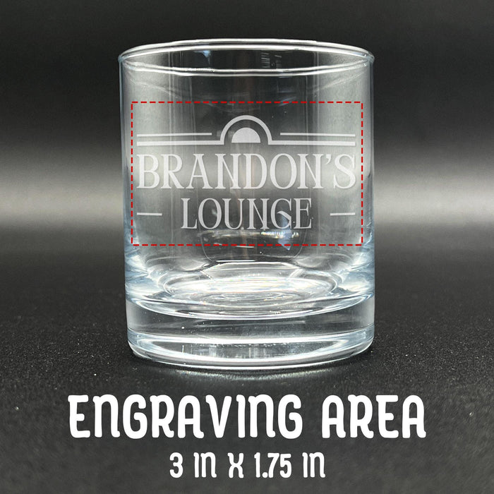 Close-up image showing the engraving area dimensions of the whiskey glass, measuring 3 inches by 1.75 inches. The red outline helps customers visualize the placement and size of the personalized design on the glass.