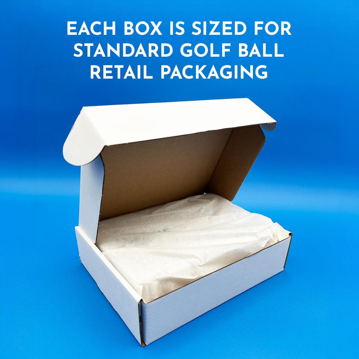 Open white golf ball gift box showing interior packaging, sized to fit standard golf ball retail packaging.