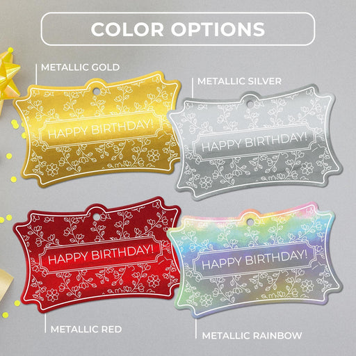 Floral birthday tag color options in metallic gold, metallic silver, metallic red, and metallic rainbow.