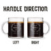 Two identical glass mugs with the text engraved on them. Each showcasing handle direction, LEFT or RIGHT.