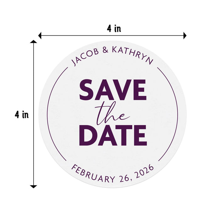 4-inch round Save the Date coaster with custom names and wedding date shown with dimensions.