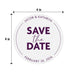 4-inch round Save the Date coaster with custom names and wedding date shown with dimensions.