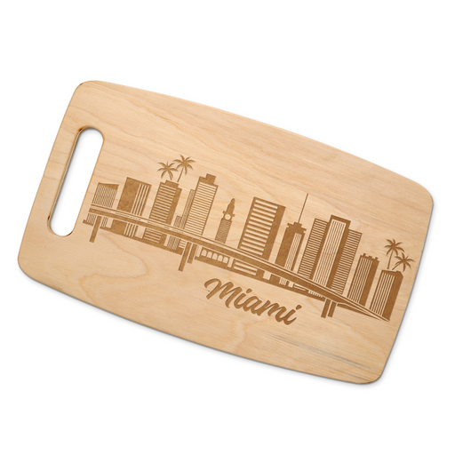 Miami skyline maple cutting board displayed on a white background.