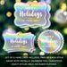 Set of 6 personalized Happy Holidays hang tags in three shapes displayed against a blurred Christmas tree with warm holiday lights.