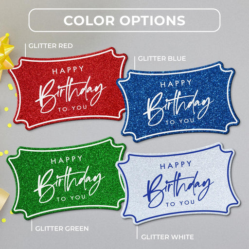 Birthday tag color options in glitter red, glitter blue, glitter green, and glitter white shown together.