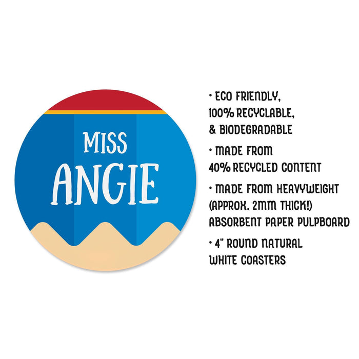 Close-up of a personalized teacher coaster featuring a custom name printed on a pencil design. The image highlights the round 4-inch size, paper material, and clean print quality, giving a clear view of how the finished coaster will look for classroom or everyday use.