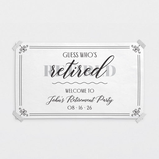 Personalized Guess Who's Retired banner featuring the retiree's name and event date. Elegant black-and-white retirement party decoration printed on quality white paper.