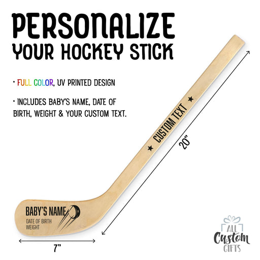 Product overview of a personalized hockey stick showing custom text placement along the handle and blade, including size dimensions and layout guide.