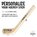 Product overview of a personalized hockey stick showing custom text placement along the handle and blade, including size dimensions and layout guide.