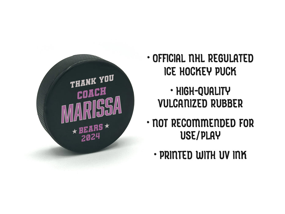 item details are written out next to hockey puck official NHL regulated ice hockey puck, high-quality vulcanized rubber, not recommended for use and play, printed with UV ink