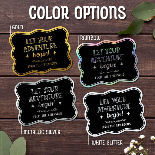 Close-up of the “Let Your Adventure Begin” wedding gift tag design available in Gold, Rainbow, Metallic Silver, and White Glitter foil finishes. Personalized foil cardstock tags feature custom sender names and decorative typography.