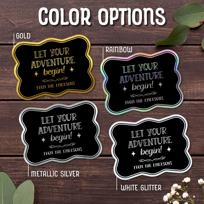 Close-up of the “Let Your Adventure Begin” wedding gift tag design available in Gold, Rainbow, Metallic Silver, and White Glitter foil finishes. Personalized foil cardstock tags feature custom sender names and decorative typography.