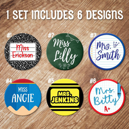 Set of 6 personalized teacher coasters showing all included designs like chalkboard, notebook, and pencil styles. Great for teacher appreciation gifts.